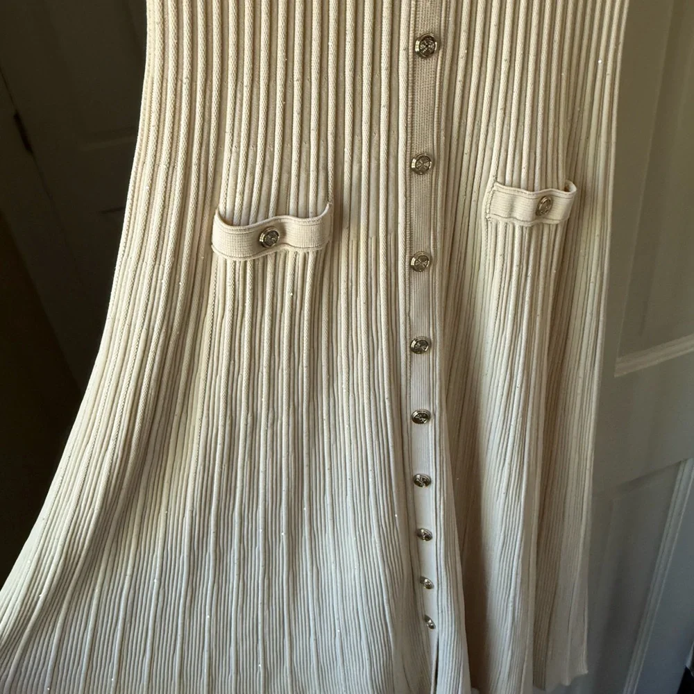 Maje NWT Cream Shimmer Ribbed Knit Maxi Dress Gold Buttons US 10 (EU 42) - Picture 6 of 8